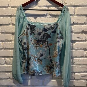 VENUS Turquoise Aqua Floral Sequin Blouse with Sheer Sleeves